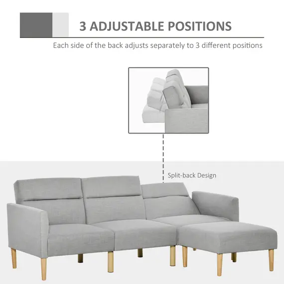Buy L Shape Sofa Bed Set, Linen Fabric Corner Sofa Bed with Rubber Wood Legs and Footstool, Light Grey, 6 image