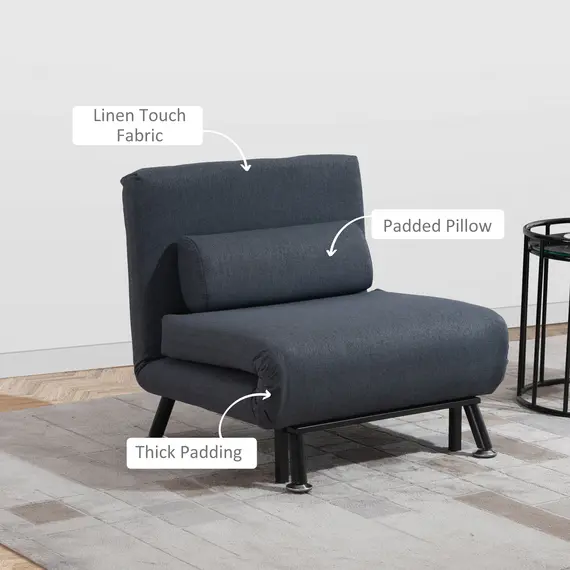 Buy Linen Chair Bed, 3-in-1 Convertible Sleeper Chair with Adjustable Backrest, Pillow, for Living Room, Bedroom, Dark Grey, 6 image