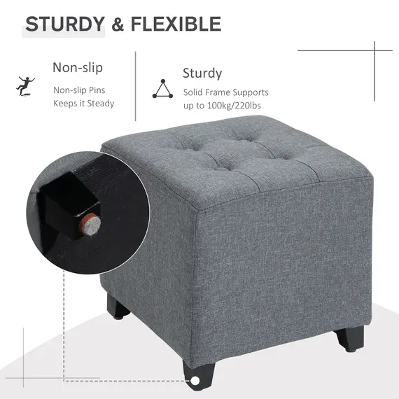 Buy Linen-Look Square Ottoman Footstool w/ Button Tufts Wood Frame Padding Fabric Upholstered Stylish Home Furniture Footrest Side Table Grey, 4 image