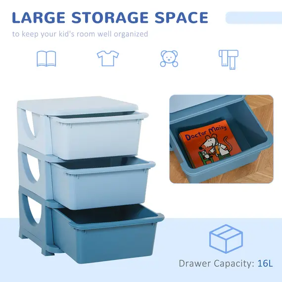 Buy Kids Storage Units with 3 Drawers 3 Tier Chest Vertical Dresser Tower Toy Organizer for Nursery Playroom Kindergarten Blue, 5 image