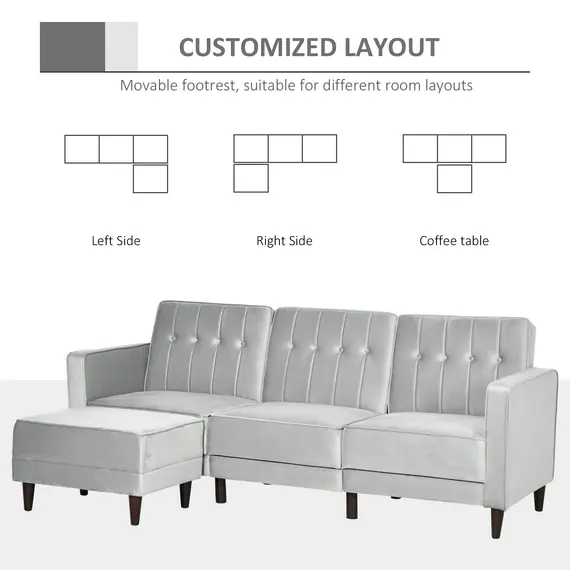 Buy L Shape Sofa Bed Set with 3-Seater Sofa and Footstool, Corner Sofa Bed with Ottoman, Light Grey, 5 image