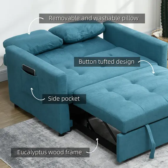 Buy Loveseat Sofa Bed, Convertible Bed Settee with 2 Cushions, Side Pockets for Living Room, Blue, 7 image