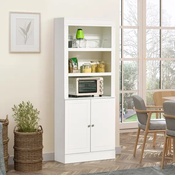Buy Kitchen Cupboard with 6-tier Shelving, Freestanding Storage Cabinet, Pantry Cupboard with 3 Open Compartments and Double-door Cabinet with Adjustable Shelves, White, 2 image