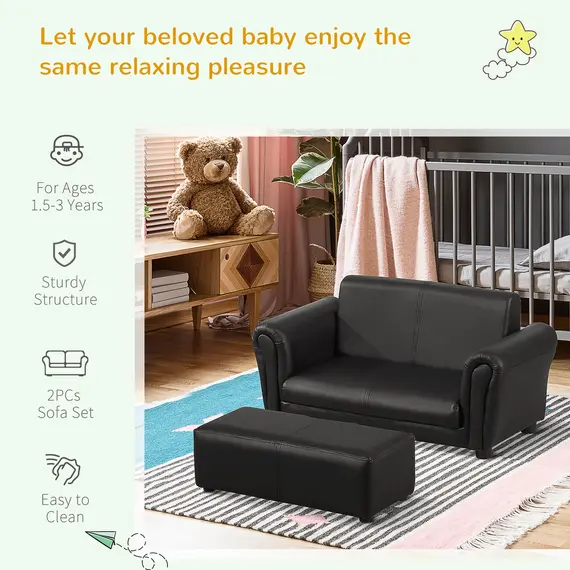 Buy Kids Sofa Bed Kids Twin Sofa Toddler Chair 2 Seater Kids Twin Sofa Chair Boys Girls Couch w/ Footstool (Black), 5 image