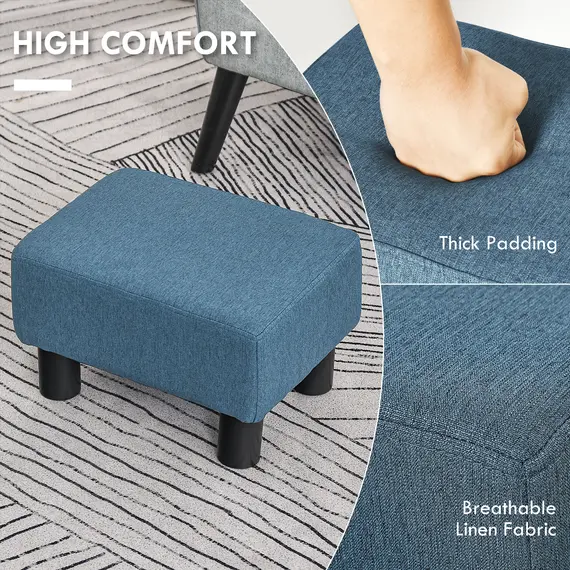 Buy Linen Fabric Footstool Ottoman Cube with 4 Plastic Legs, Blue, 4 image