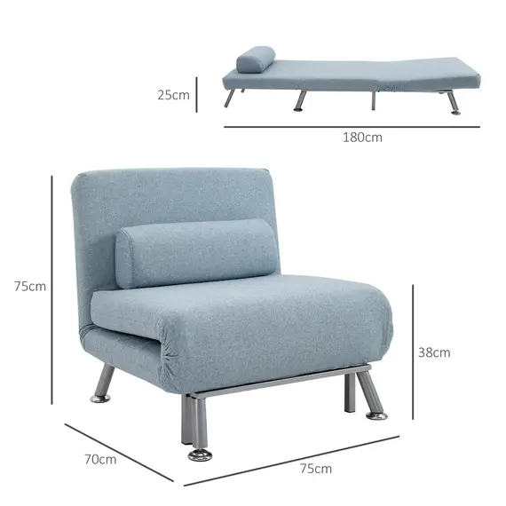Buy Linen Chair Bed, 3-in-1 Convertible Sleeper Chair with Adjustable Backrest, Pillow, for Living Room, Bedroom, Sky Blue, 3 image
