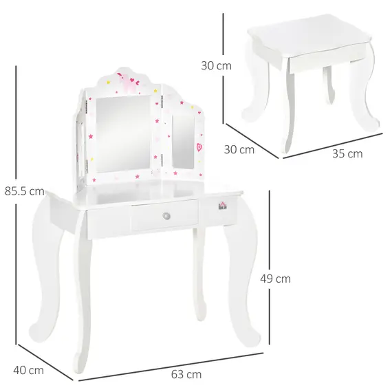 Buy Kids Vanity Table & Stool Girls Dressing Set Make Up Desk Chair Dresser Play Set with Rotatable Mirrors Drawer Star & Heart Pattern White, 3 image