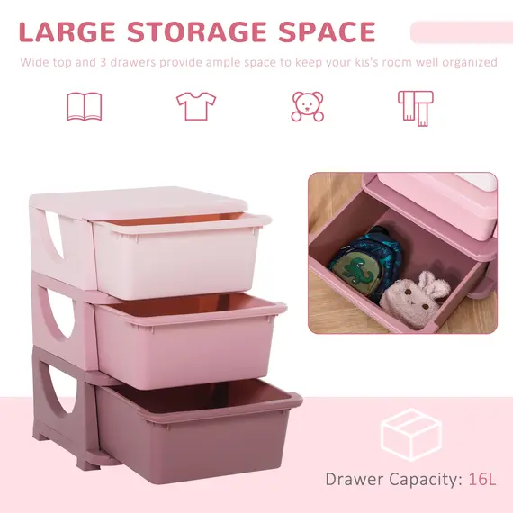 Buy Kids Storage Units with 3 Drawers 3 Tier Chest Vertical Dresser Tower Toy Organizer for Nursery Playroom Kindergarten Pink, 6 image