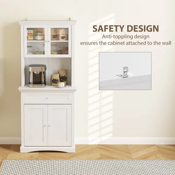 Buy Kitchen Cupboard, Freestanding Storage Cabinet with Glass Doors, Adjustable Shelves, and Open Counter, White, 7 image