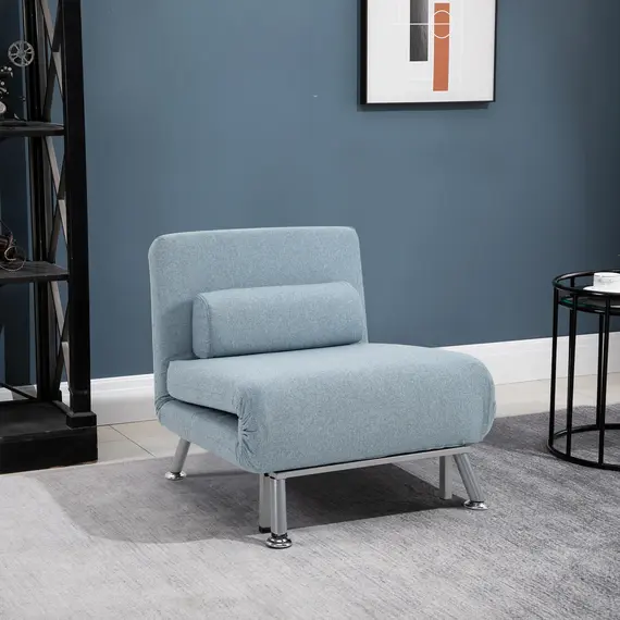 Buy Linen Chair Bed, 3-in-1 Convertible Sleeper Chair with Adjustable Backrest, Pillow, for Living Room, Bedroom, Sky Blue, 2 image