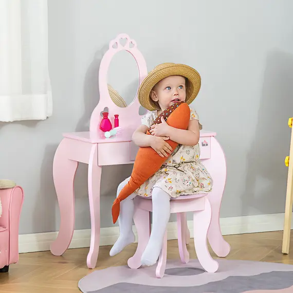 Buy Kids Vanity Table & Stool Girls Dressing Set Make Up Desk Chair Dresser Play Set with Mirror Pink, 2 image