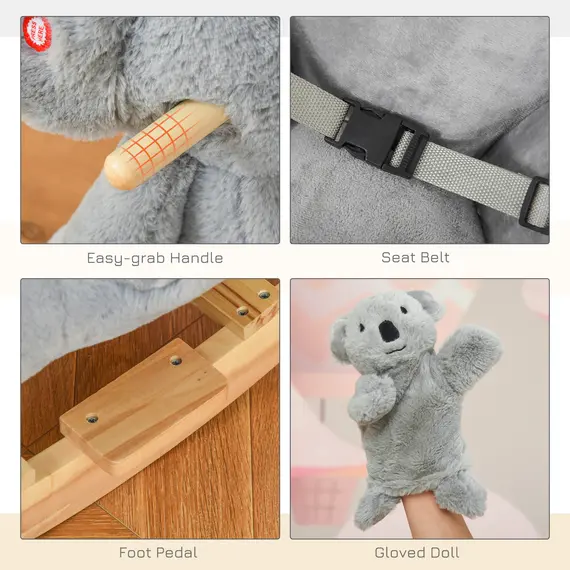 Buy Kids Toddler Rocking Horse Plush Ride On Koala Rocker Wooden Base Seat Safety Belt w/ Gloved Doll Toy for 18-36 Months Grey, 4 image