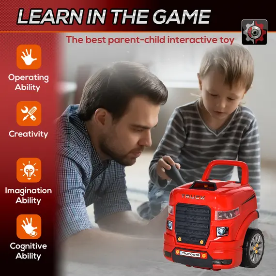 Buy Kids Truck Engine Toy Set, Toddler Educational Car Service Station Playset, Take Apart Workshop, w/ RC Car Key, Steering wheel, Horn, Light, for 3-5 Years Old Red, 7 image