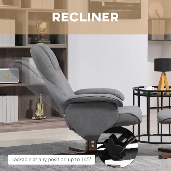 Buy Linen Swivel Recliner Chair with Footstool, Upholstered Reclining Armchair with Wooden Base for Living Room, Grey, 4 image