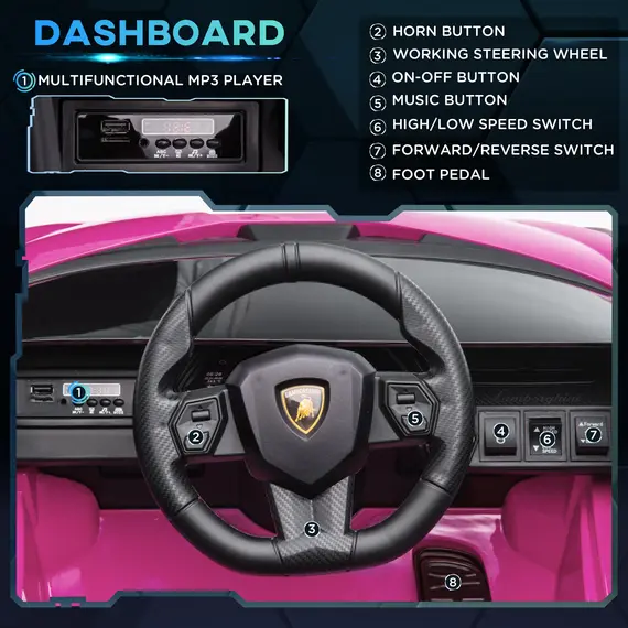 Buy Lamborghini Sian Licensed 12V Kids Electric Ride On Car 2 Motors Toy Car with Remote Control Music Lights MP3 for 3-5 Years Pink, 5 image