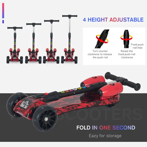 Buy Kids Scooter, 3 Wheel Foldable Kick Scooter Adjustable Height w/ Flashing Wheels, Music, Water Spray for 3-6 Years, Red, 4 image