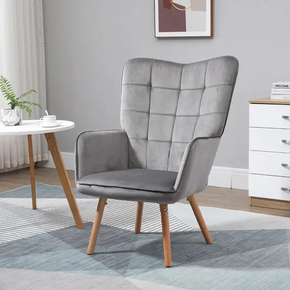 Buy Modern Accent Chair, Upholstered Tufted Wingback Armchair with Seat Padding, Velvet Leisure Lounge Bedroom Chair with Wood Legs, Grey, 2 image