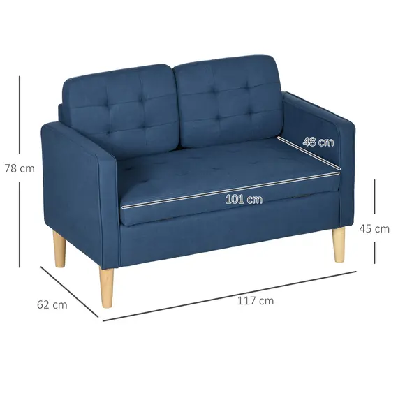 Buy Modern Loveseat Sofa, Compact 2 Seater Sofa with Hidden Storage, 117cm Tufted Cotton Couch with Wood Legs, Blue, 3 image