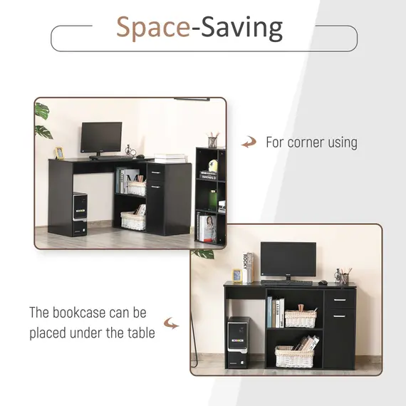 Buy L-Shaped Desk, Corner Computer Desk, Adjustable Study Table with Storage Shelf, Drawer and Cabinet, Workstation for Home Office, Black Wood Grain, 4 image