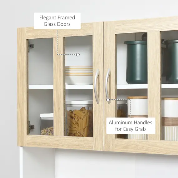 Buy Modern Kitchen Cupboard, Freestanding Storage Cabinet Hutch with Central Drawer, 2 Glass Door Cabinets and Countertop, 180cm, 6 image