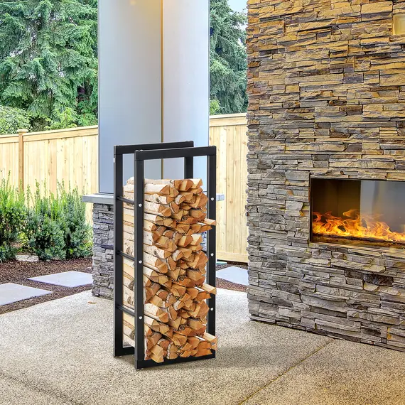 Buy Metal Firewood Log Holder Tall Firewood Rack Indoor Outdoor Fireplace Wood Storage Shelf with Side Rails, Rust-Resistant, Black, 40W x 25D x 100H cm, 2 image