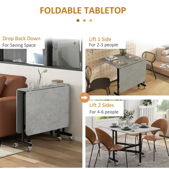 Buy Mobile Drop Leaf Table, Folding Dining Table with 6 Wheels & Brakes, Kitchen Table for Small Spaces, Grey Marble Effect, 5 image