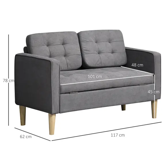 Buy Modern 2 Seater Sofa with Hidden Storage, 117cm Tufted Cotton Couch with Wood Legs, Compact Loveseat for Living Room, Kitchen, Grey, 3 image
