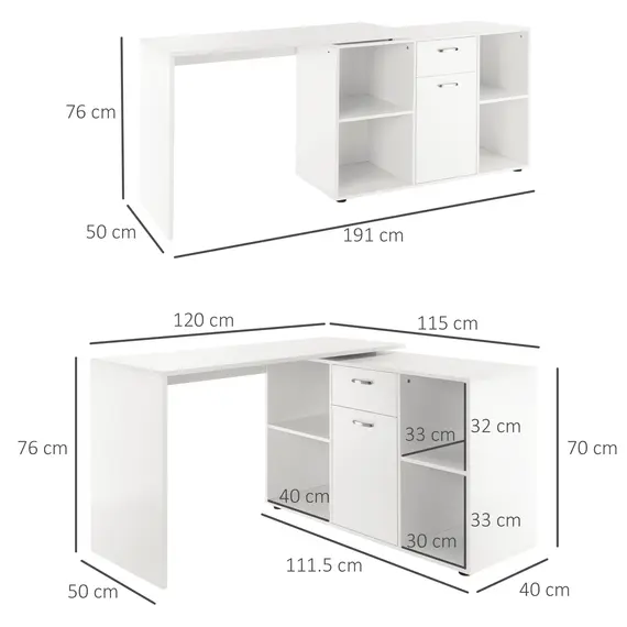 Buy L-Shaped Computer Desk with Storage Compartments, Drawer and Cabinet, Laptop PC Corner Table, Home Office Workstation, 120 x 115 x 76cm, White, 3 image