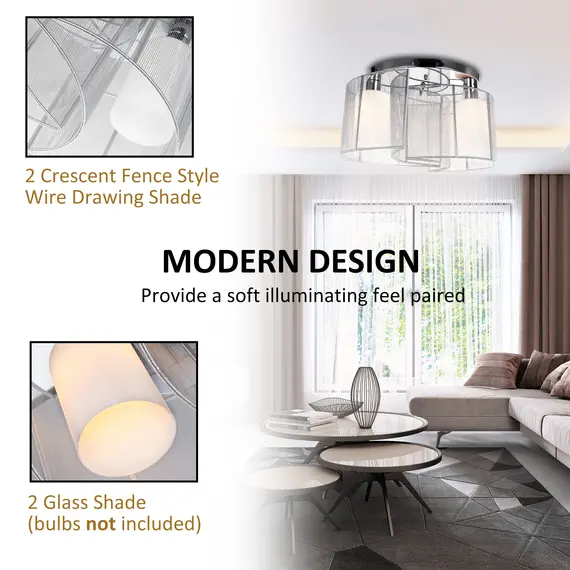 Buy Modern Chandelier, Semi-Flush Mount Ceiling Light with 2 Light, E27 Bulb Base for Hallway, Dining Room, Living Room, White and Silver, 4 image