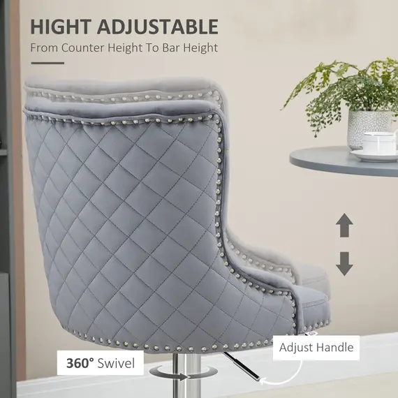 Buy Modern Adjustable Bar Stools Set of 2, Swivel Velvet Barstools with Button Tufted Back, Footrest, Nailhead Trim for Home Bar, Grey, 5 image