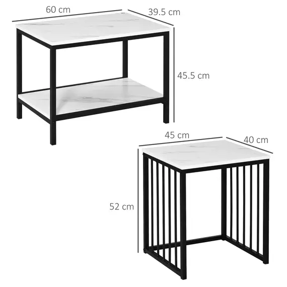 Buy Modern Coffee Table Set of Two, Marble-Effect Nesting Side Tables with Steel Frame for Living Room, White, Black, 3 image