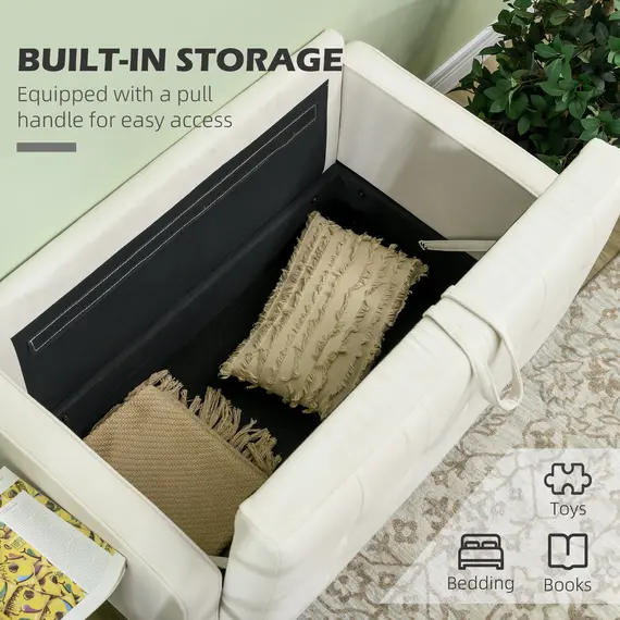 Buy Modern Loveseat Sofa, Compact 2 Seater Sofa with Hidden Storage, 117cm Tufted Cotton Couch with Wood Legs, Cream White, 4 image