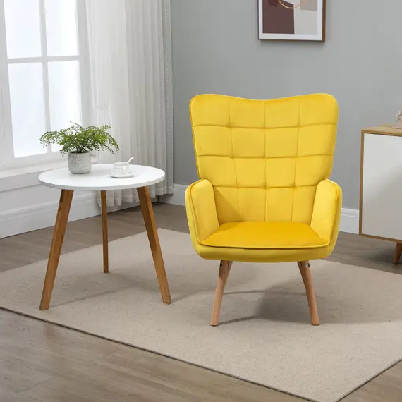 Buy Modern Accent Chair, Upholstered Tufted Wingback Armchair with Seat Padding, Velvet Leisure Lounge Bedroom Chair with Wood Legs, Yellow, 6 image