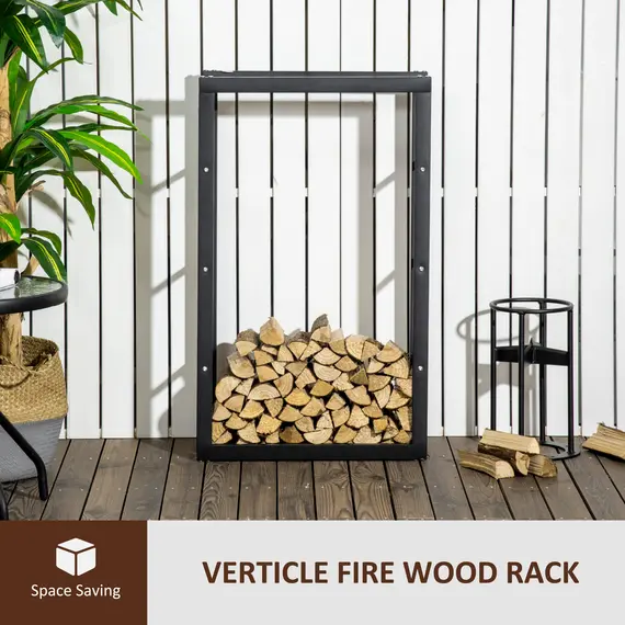 Buy Metal Firewood Log Holder Tall Firewood Rack Indoor Outdoor Fireplace Wood Storage Shelf with Side Rails, Rust-Resistant, Black, 60W x 25D x 100H cm, 4 image