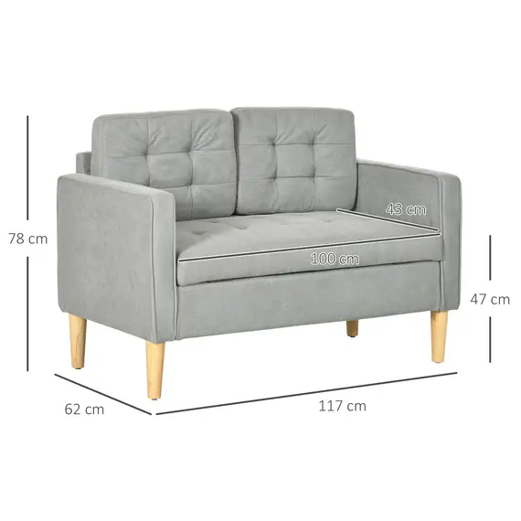 Buy Modern 2 Seater Sofa with Hidden Storage, 117cm Tufted Cotton Couch with Wood Legs, Compact Loveseat for Living Room, Kitchen, Light Grey, 3 image