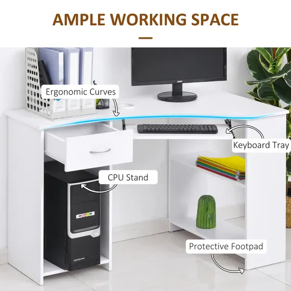 Buy L-Shaped Corner Computer Desk w/ 2 Shelves Wide Worktop Keyboard Tray Drawer & CPU Stand Home Office Study Bedroom Furniture White, 5 image