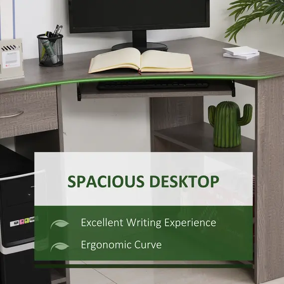 Buy L-Shaped Corner Computer Desk w/ 2 Shelves Wide Worktop Keyboard Tray Drawer & CPU Stand Home Office Study Bedroom Furniture Grey, 4 image