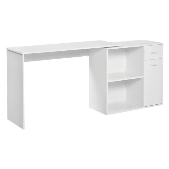 Buy L-Shaped Desk, Corner Computer Desk, Adjustable Study Table with Storage Shelf, Drawer and Cabinet, Workstation for Home Office, White Wood Grain, 8 image