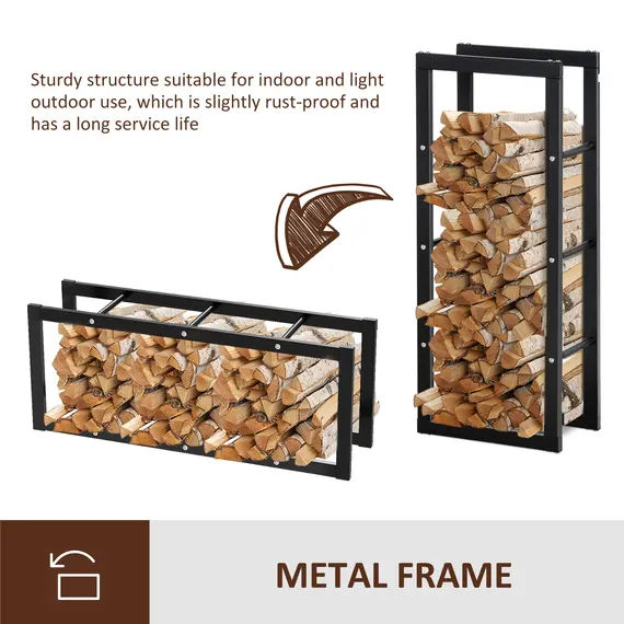 Buy Metal Firewood Log Holder Tall Firewood Rack Indoor Outdoor Fireplace Wood Storage Shelf with Side Rails, Rust-Resistant, Black, 40W x 25D x 100H cm, 6 image