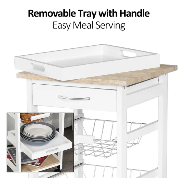Buy Mobile Rolling Kitchen Island Trolley for Home w/ Metal Baskets Trays Shelves Wheels Compact Stylish Storage White, 5 image