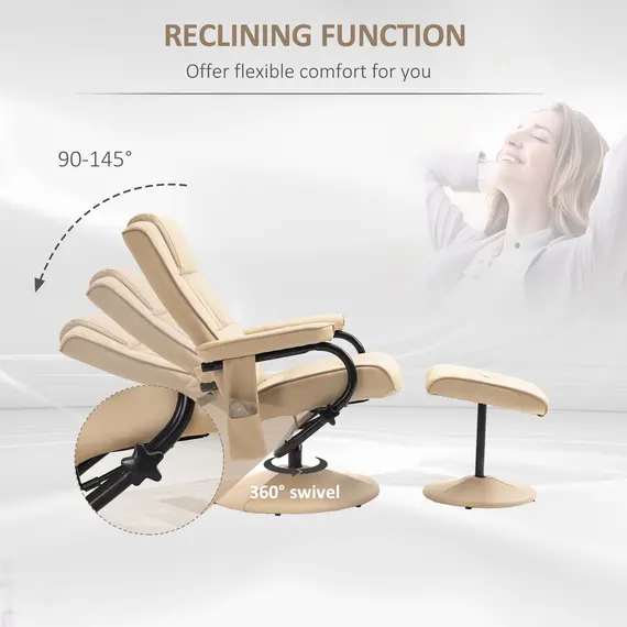 Buy Manual Sofa Reclining Armchair PU Leather Massage Recliner Chair and Ottoman, Cream, 5 image