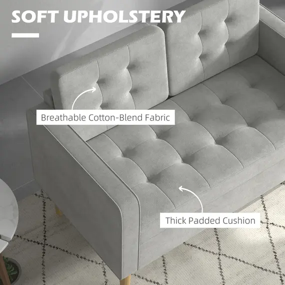 Buy Modern 2 Seater Sofa with Hidden Storage, 117cm Tufted Cotton Couch with Wood Legs, Compact Loveseat for Living Room, Kitchen, Light Grey, 5 image