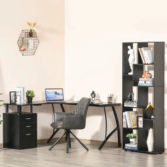 Buy L-Shaped Computer Desk Table with Storage Drawer, Home Office Desk Corner Industrial Style Workstation for A4 Files 143.5 x 143.5 x 76cm, Black, 2 image