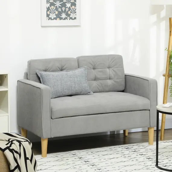 Buy Modern 2 Seater Sofa with Hidden Storage, 117cm Tufted Cotton Couch with Wood Legs, Compact Loveseat for Living Room, Kitchen, Light Grey, 7 image