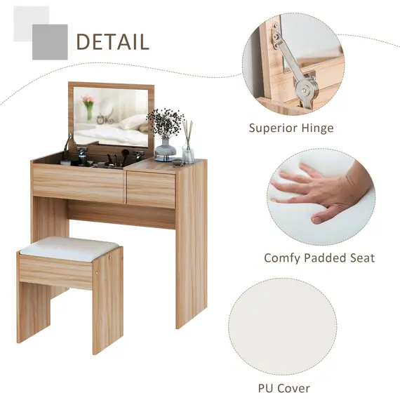 Buy Makeup Desk with Drawer, Vanity Table Set with Flip-up Mirror and Cushioned Stool, Natural, Colour: Brown, 7 image