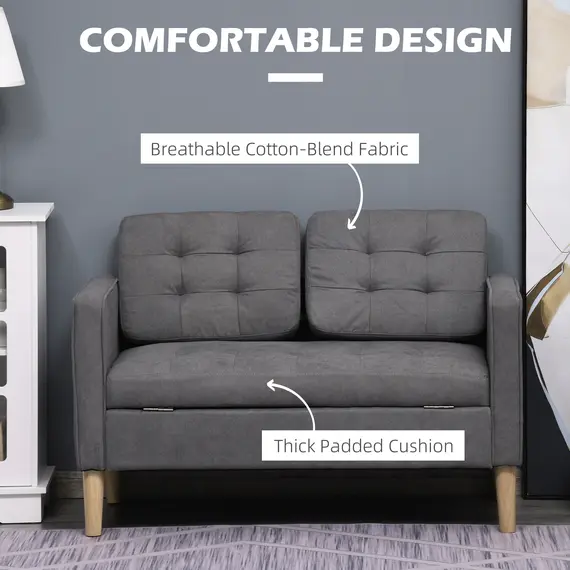 Buy Modern 2 Seater Sofa with Hidden Storage, 117cm Tufted Cotton Couch with Wood Legs, Compact Loveseat for Living Room, Kitchen, Grey, 5 image