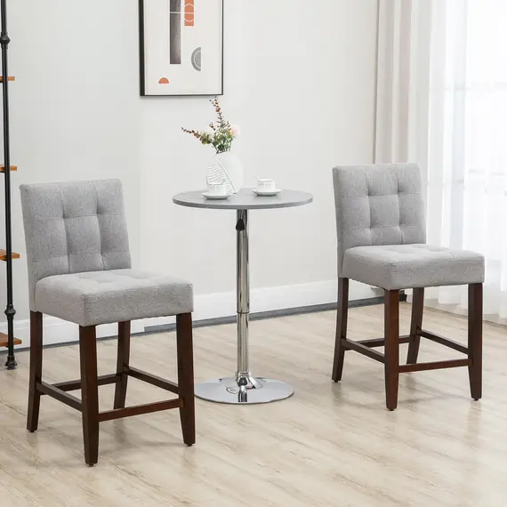 Buy Modern Fabric Bar Stools Set of 2, Thick Padding Kitchen Stool, Bar Chairs with Tufted Back, Wood Legs, Grey, 2 image