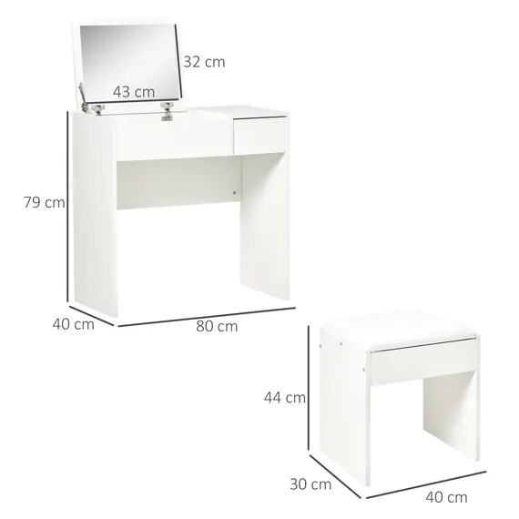 Buy Makeup Desk with Drawer, Vanity Table Set with Flip-up Mirror and Cushioned Stool, White, Colour: White, 3 image