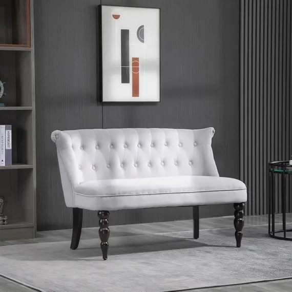 Buy Loveseat with Wood Frame, Compact 2 Seater Sofa, Button Tufted Chaise Lounger with Carved Legs, Vintage Design for Bedroom Living room, Grey, 2 image