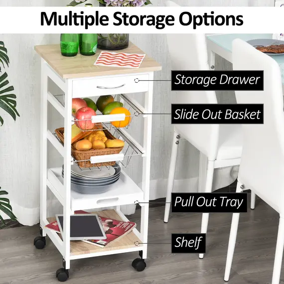 Buy Mobile Rolling Kitchen Island Trolley for Home w/ Metal Baskets Trays Shelves Wheels Compact Stylish Storage White, 4 image